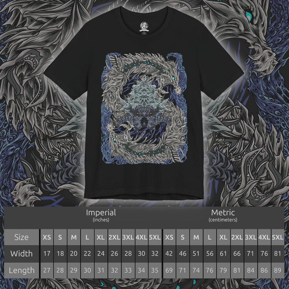 Size chart of a T-Shirt artwork depicting Nakarkos rising from a massive pile of bones inside the Ruined Pinnacle, with multiple tentacles extending from its skeletal body and gripping enormous monster skulls. Dark cavern walls, scattered remains, and ghostly energy frame the creature as it prepares to attack. The composition highlights Nakarkos' bizarre appearance and mastery of scavenged monster remains.