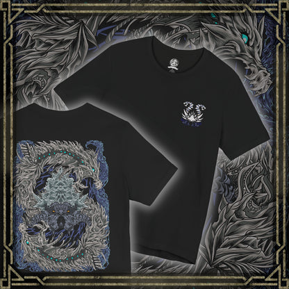 Thumbnail of a T-Shirt artwork depicting Nakarkos rising from a massive pile of bones inside the Ruined Pinnacle, with multiple tentacles extending from its skeletal body and gripping enormous monster skulls. Dark cavern walls, scattered remains, and ghostly energy frame the creature as it prepares to attack. The composition highlights Nakarkos' bizarre appearance and mastery of scavenged monster remains.