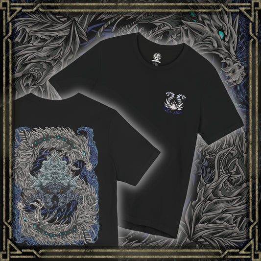 Thumbnail of a T-Shirt artwork depicting Nakarkos rising from a massive pile of bones inside the Ruined Pinnacle, with multiple tentacles extending from its skeletal body and gripping enormous monster skulls. Dark cavern walls, scattered remains, and ghostly energy frame the creature as it prepares to attack. The composition highlights Nakarkos' bizarre appearance and mastery of scavenged monster remains.