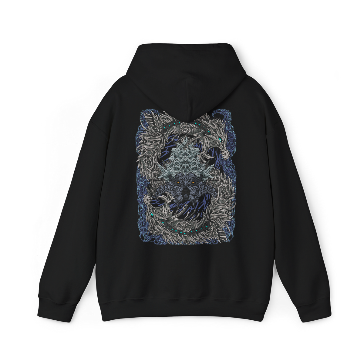 Image 5 of a Hooded Sweatshirt of Nakarkos from Monster Hunter Generations, towering within a vast underground cavern filled with enormous bones and shattered monster skulls. The skeletal Elder Dragon extends its tentacles around the battlefield while eerie energy illuminates its grotesque body. Dark stone, scattered remains, and dramatic shadows emphasize the creature's mysterious and terrifying presence.