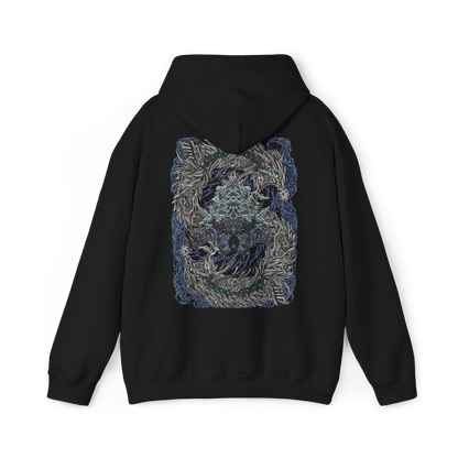 Image 5 of a Hooded Sweatshirt of Nakarkos from Monster Hunter Generations, towering within a vast underground cavern filled with enormous bones and shattered monster skulls. The skeletal Elder Dragon extends its tentacles around the battlefield while eerie energy illuminates its grotesque body. Dark stone, scattered remains, and dramatic shadows emphasize the creature's mysterious and terrifying presence.