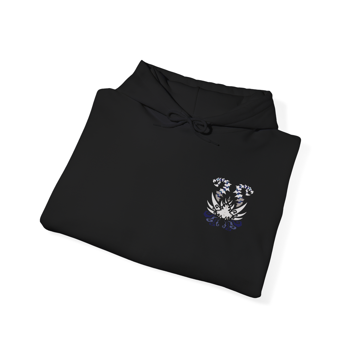 Image 6 of a Hooded Sweatshirt of Nakarkos from Monster Hunter Generations, towering within a vast underground cavern filled with enormous bones and shattered monster skulls. The skeletal Elder Dragon extends its tentacles around the battlefield while eerie energy illuminates its grotesque body. Dark stone, scattered remains, and dramatic shadows emphasize the creature's mysterious and terrifying presence.