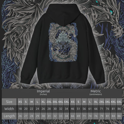 Size chart of a Hooded Sweatshirt of Nakarkos from Monster Hunter Generations, towering within a vast underground cavern filled with enormous bones and shattered monster skulls. The skeletal Elder Dragon extends its tentacles around the battlefield while eerie energy illuminates its grotesque body. Dark stone, scattered remains, and dramatic shadows emphasize the creature's mysterious and terrifying presence.
