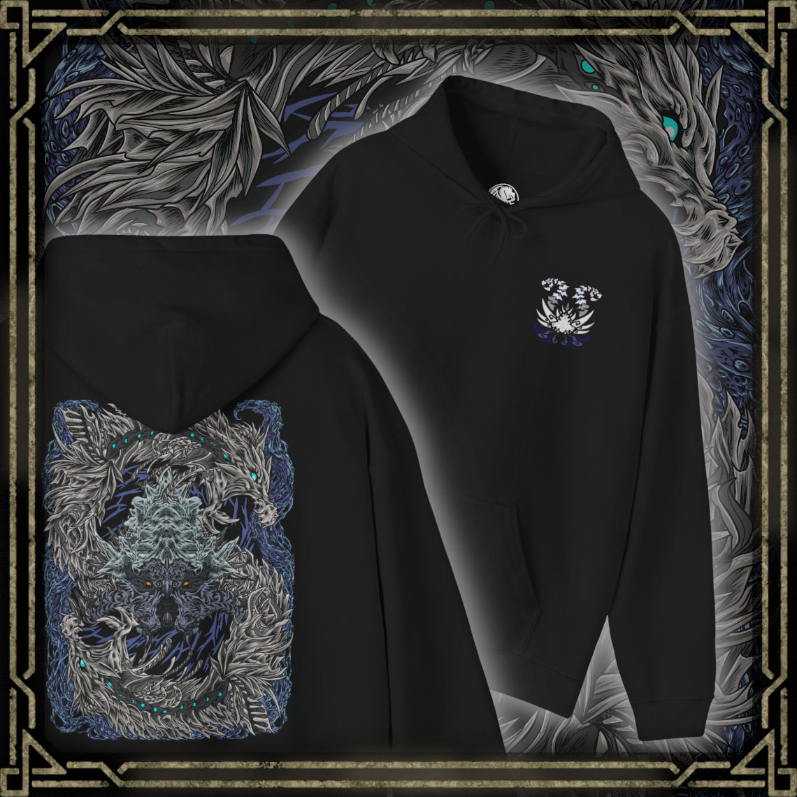 Thumbnail of a Hooded Sweatshirt of Nakarkos from Monster Hunter Generations, towering within a vast underground cavern filled with enormous bones and shattered monster skulls. The skeletal Elder Dragon extends its tentacles around the battlefield while eerie energy illuminates its grotesque body. Dark stone, scattered remains, and dramatic shadows emphasize the creature's mysterious and terrifying presence.