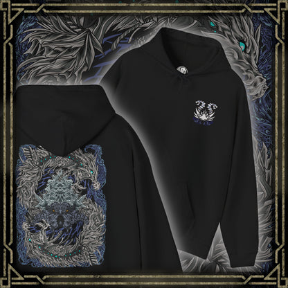 Thumbnail of a Hooded Sweatshirt of Nakarkos from Monster Hunter Generations, towering within a vast underground cavern filled with enormous bones and shattered monster skulls. The skeletal Elder Dragon extends its tentacles around the battlefield while eerie energy illuminates its grotesque body. Dark stone, scattered remains, and dramatic shadows emphasize the creature's mysterious and terrifying presence.