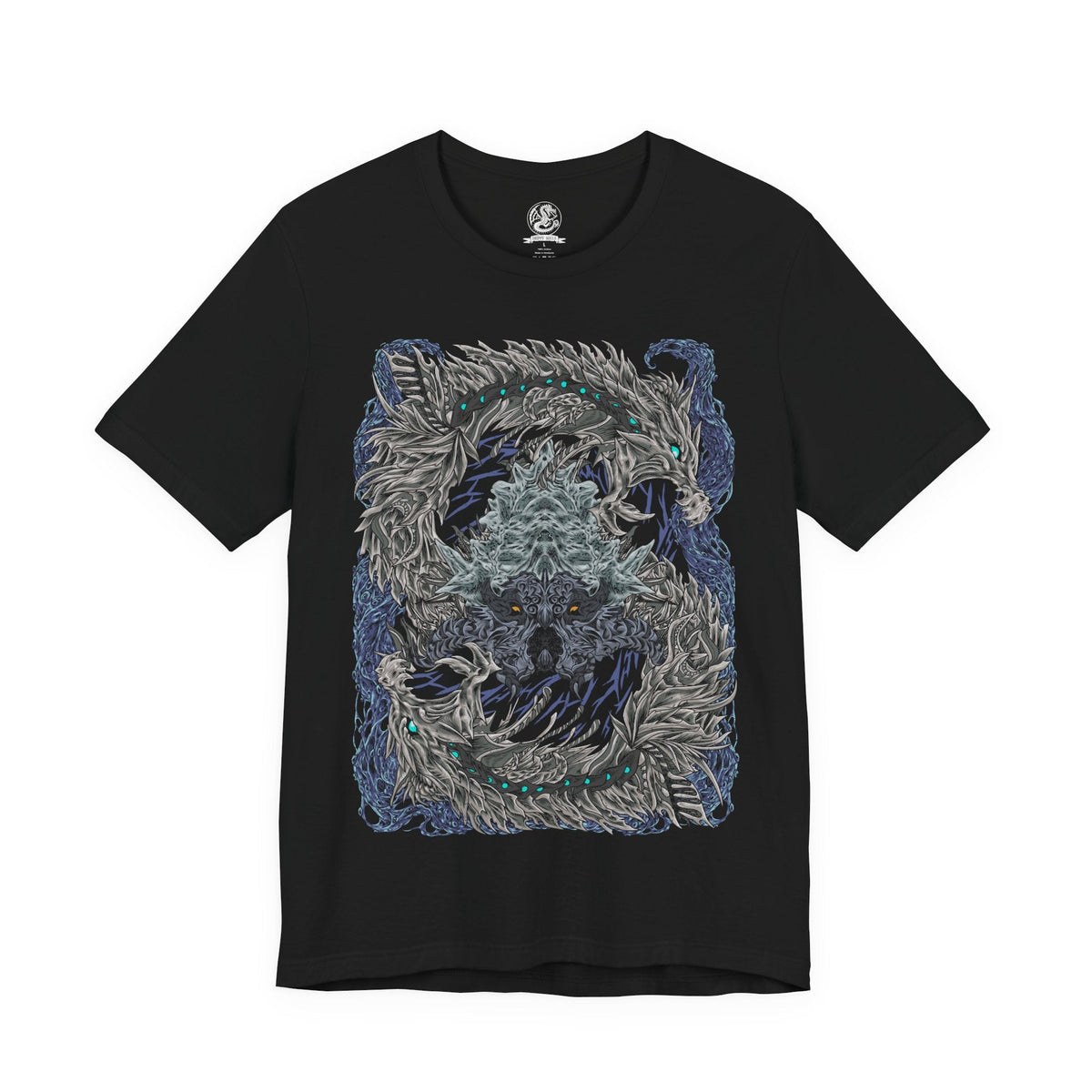 Image 4 of a T-Shirt design of Nakarkos from Monster Hunter Generations, depicting the enormous skeletal Elder Dragon emerging from a dark cavern surrounded by scattered monster bones. Its long tentacles grasp massive monster skulls while eerie energy gathers around its body. The artwork emphasizes Nakarkos' grotesque anatomy, scavenged remains, and terrifying presence within the Ruined Pinnacle.