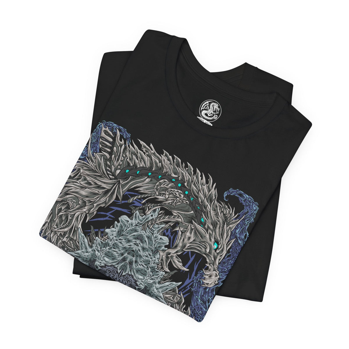 Image 5 of a T-Shirt design of Nakarkos from Monster Hunter Generations, depicting the enormous skeletal Elder Dragon emerging from a dark cavern surrounded by scattered monster bones. Its long tentacles grasp massive monster skulls while eerie energy gathers around its body. The artwork emphasizes Nakarkos' grotesque anatomy, scavenged remains, and terrifying presence within the Ruined Pinnacle.