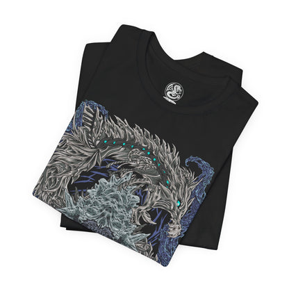 Image 5 of a T-Shirt design of Nakarkos from Monster Hunter Generations, depicting the enormous skeletal Elder Dragon emerging from a dark cavern surrounded by scattered monster bones. Its long tentacles grasp massive monster skulls while eerie energy gathers around its body. The artwork emphasizes Nakarkos' grotesque anatomy, scavenged remains, and terrifying presence within the Ruined Pinnacle.