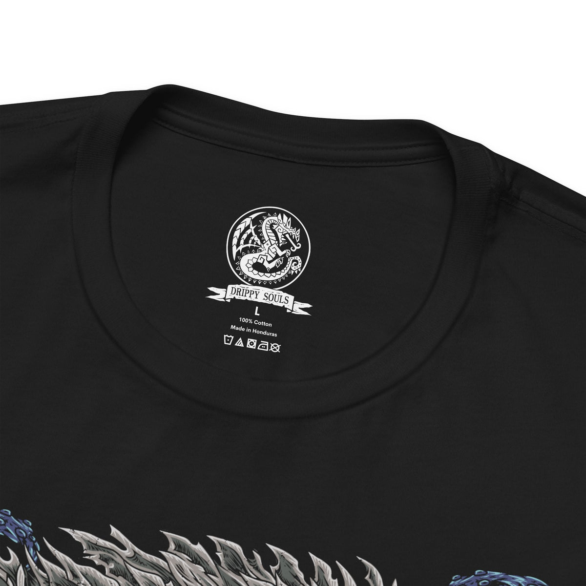 Folded T-Shirt design of Nakarkos from Monster Hunter Generations, depicting the enormous skeletal Elder Dragon emerging from a dark cavern surrounded by scattered monster bones. Its long tentacles grasp massive monster skulls while eerie energy gathers around its body. The artwork emphasizes Nakarkos' grotesque anatomy, scavenged remains, and terrifying presence within the Ruined Pinnacle.
