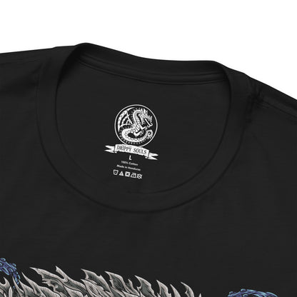 Folded T-Shirt design of Nakarkos from Monster Hunter Generations, depicting the enormous skeletal Elder Dragon emerging from a dark cavern surrounded by scattered monster bones. Its long tentacles grasp massive monster skulls while eerie energy gathers around its body. The artwork emphasizes Nakarkos' grotesque anatomy, scavenged remains, and terrifying presence within the Ruined Pinnacle.