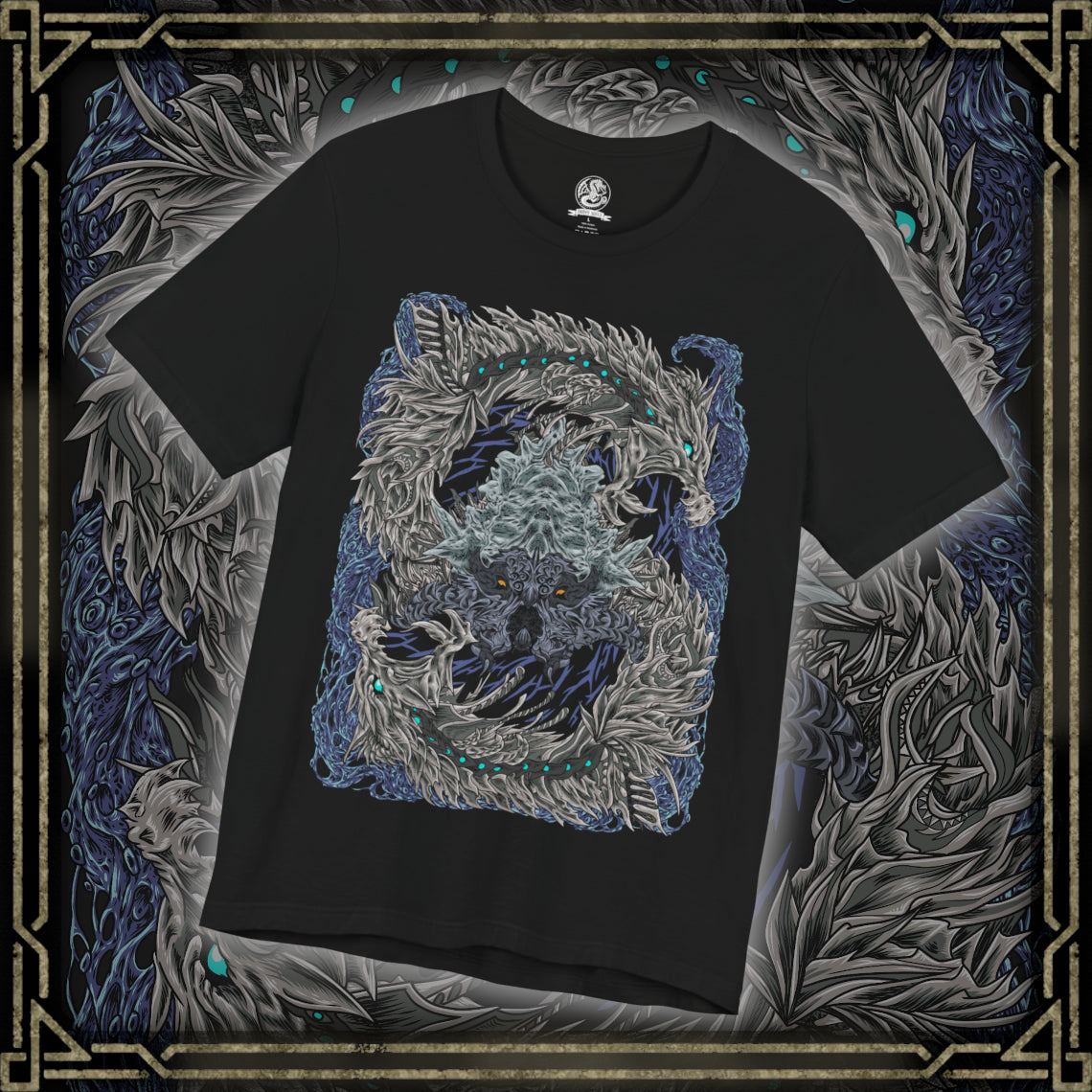 Thumbnail of a T-Shirt design of Nakarkos from Monster Hunter Generations, depicting the enormous skeletal Elder Dragon emerging from a dark cavern surrounded by scattered monster bones. Its long tentacles grasp massive monster skulls while eerie energy gathers around its body. The artwork emphasizes Nakarkos' grotesque anatomy, scavenged remains, and terrifying presence within the Ruined Pinnacle.