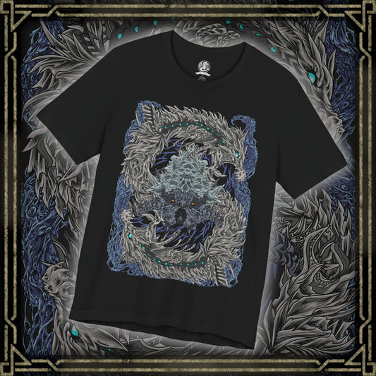 Thumbnail of a T-Shirt design of Nakarkos from Monster Hunter Generations, depicting the enormous skeletal Elder Dragon emerging from a dark cavern surrounded by scattered monster bones. Its long tentacles grasp massive monster skulls while eerie energy gathers around its body. The artwork emphasizes Nakarkos' grotesque anatomy, scavenged remains, and terrifying presence within the Ruined Pinnacle.