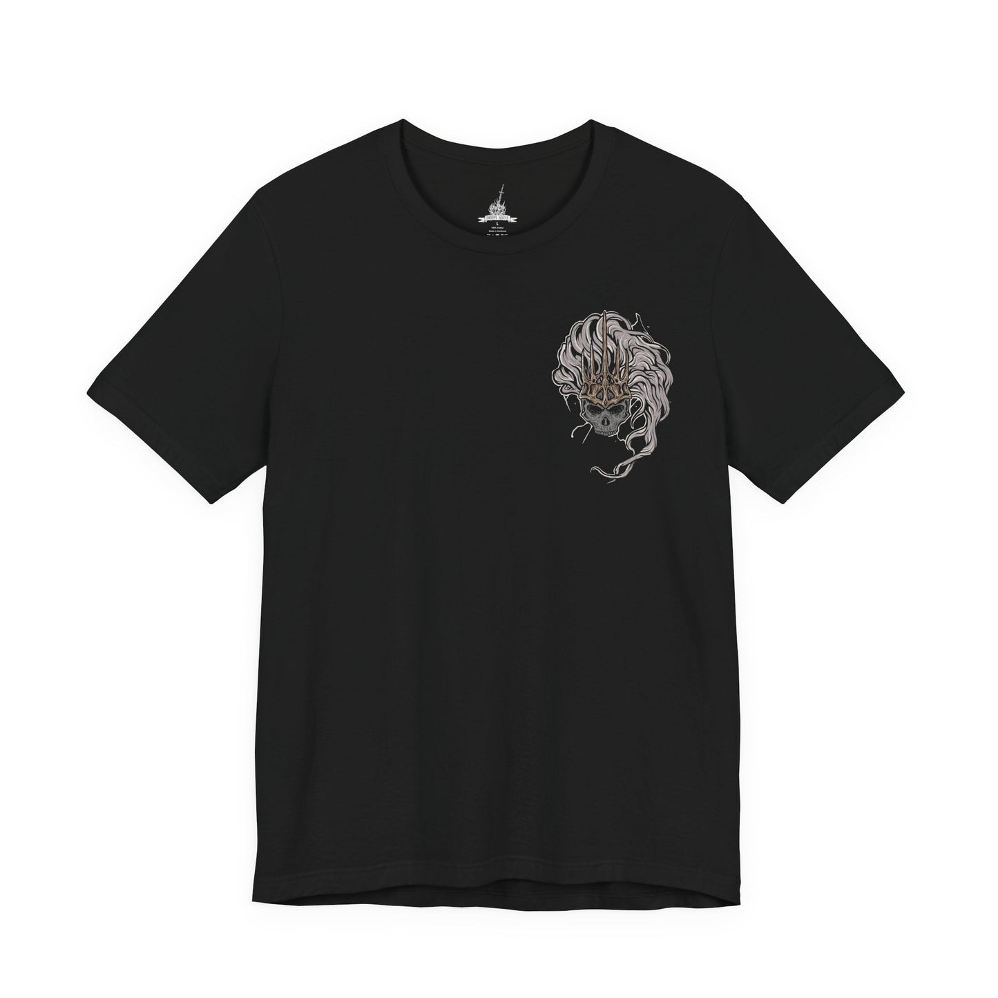 Image 4 of a T-Shirt artwork depicting the Nameless King descending through thunderclouds on the back of the Stormdrake, both surrounded by violent lightning and swirling ash. The dragon’s massive wings dominate the sky while the king prepares his storm-infused spear. This design reflects forgotten divinity, mastery over storms, and the awe-inspiring scale of one of Dark Souls III’s most iconic encounters.