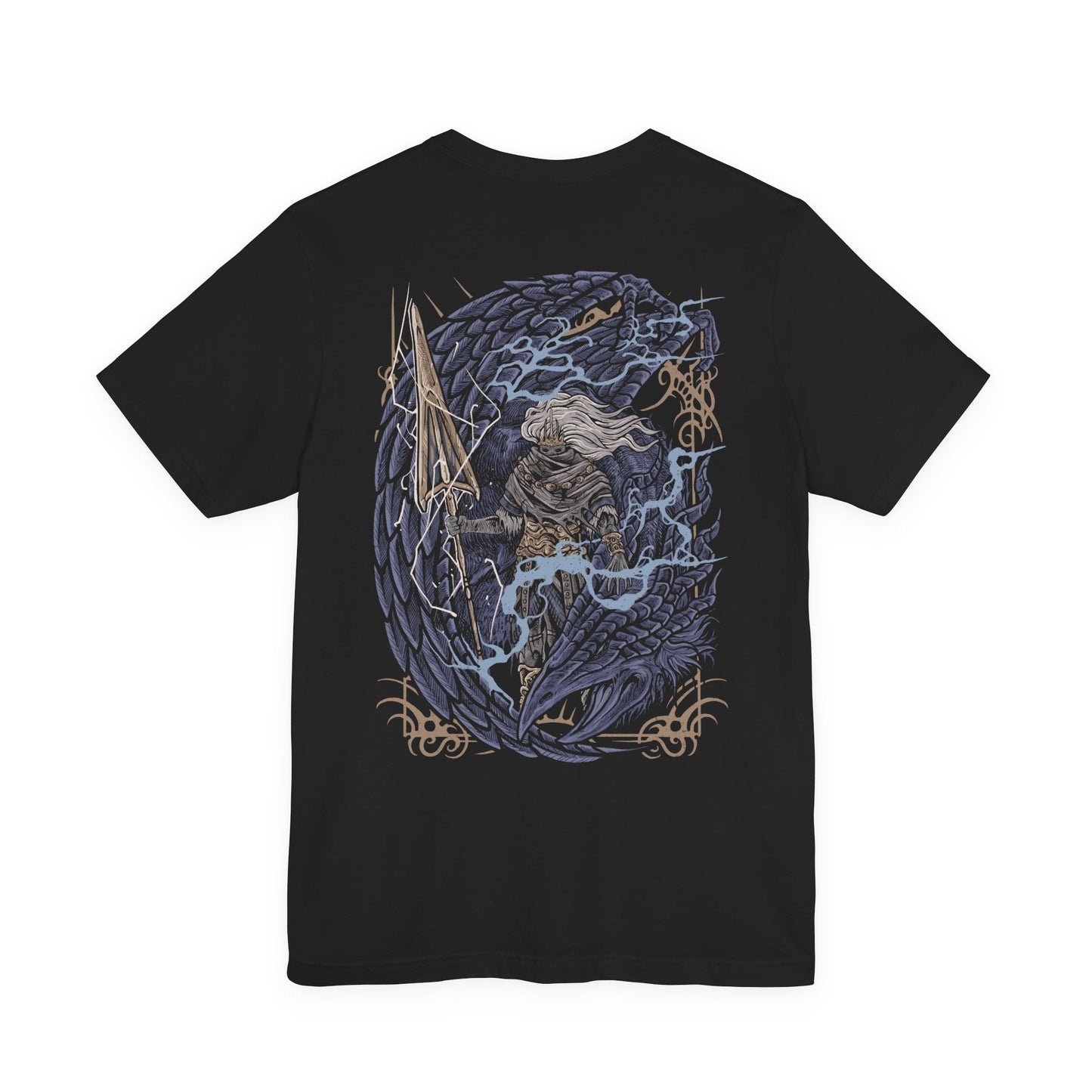 Image 5 of a T-Shirt artwork depicting the Nameless King descending through thunderclouds on the back of the Stormdrake, both surrounded by violent lightning and swirling ash. The dragon’s massive wings dominate the sky while the king prepares his storm-infused spear. This design reflects forgotten divinity, mastery over storms, and the awe-inspiring scale of one of Dark Souls III’s most iconic encounters.