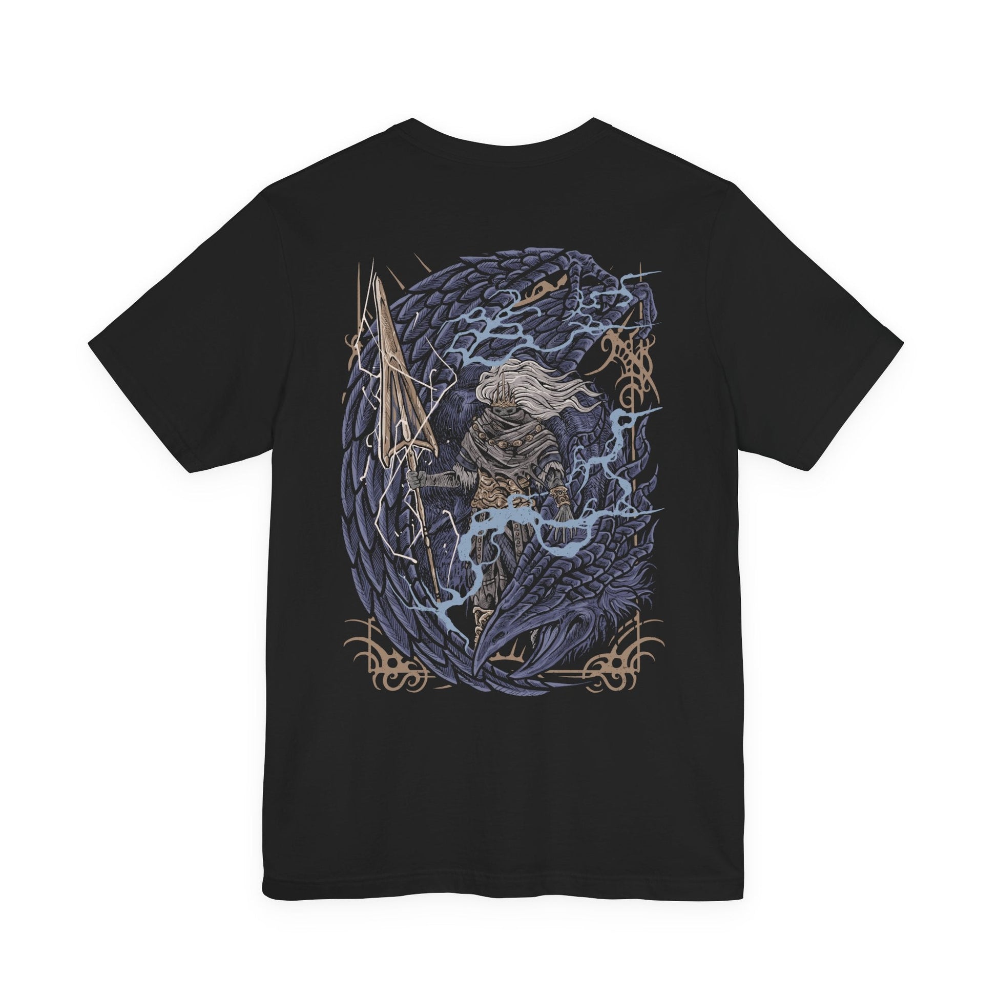 Image 5 of a T-Shirt artwork depicting the Nameless King descending through thunderclouds on the back of the Stormdrake, both surrounded by violent lightning and swirling ash. The dragon’s massive wings dominate the sky while the king prepares his storm-infused spear. This design reflects forgotten divinity, mastery over storms, and the awe-inspiring scale of one of Dark Souls III’s most iconic encounters.