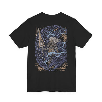 Image 5 of a T-Shirt artwork depicting the Nameless King descending through thunderclouds on the back of the Stormdrake, both surrounded by violent lightning and swirling ash. The dragon’s massive wings dominate the sky while the king prepares his storm-infused spear. This design reflects forgotten divinity, mastery over storms, and the awe-inspiring scale of one of Dark Souls III’s most iconic encounters.