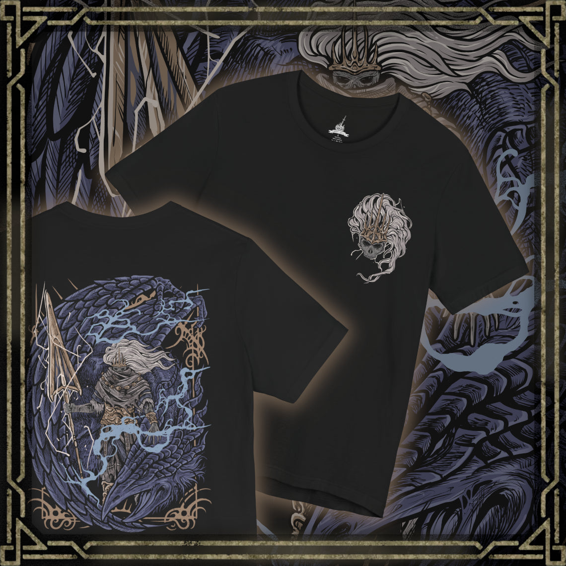 Thumbnail of a T-Shirt artwork depicting the Nameless King descending through thunderclouds on the back of the Stormdrake, both surrounded by violent lightning and swirling ash. The dragon’s massive wings dominate the sky while the king prepares his storm-infused spear. This design reflects forgotten divinity, mastery over storms, and the awe-inspiring scale of one of Dark Souls III’s most iconic encounters.