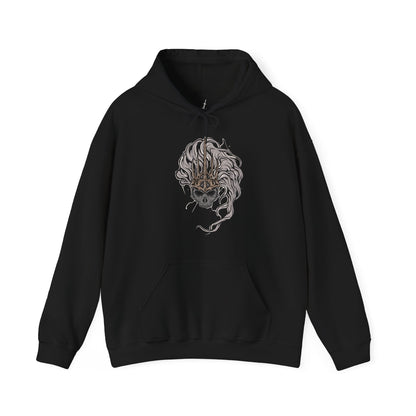 Image 4 of a Hooded Sweatshirt of the Nameless King standing beside the fallen Stormdrake amid roaring thunder and fractured stone. Lightning illuminates his weathered armor and serpent-like spear while storm winds tear across Archdragon Peak. The composition emphasizes sacrifice, power, and the tragic legend of Gwyn’s firstborn who abandoned the gods to stand beside the dragons.
