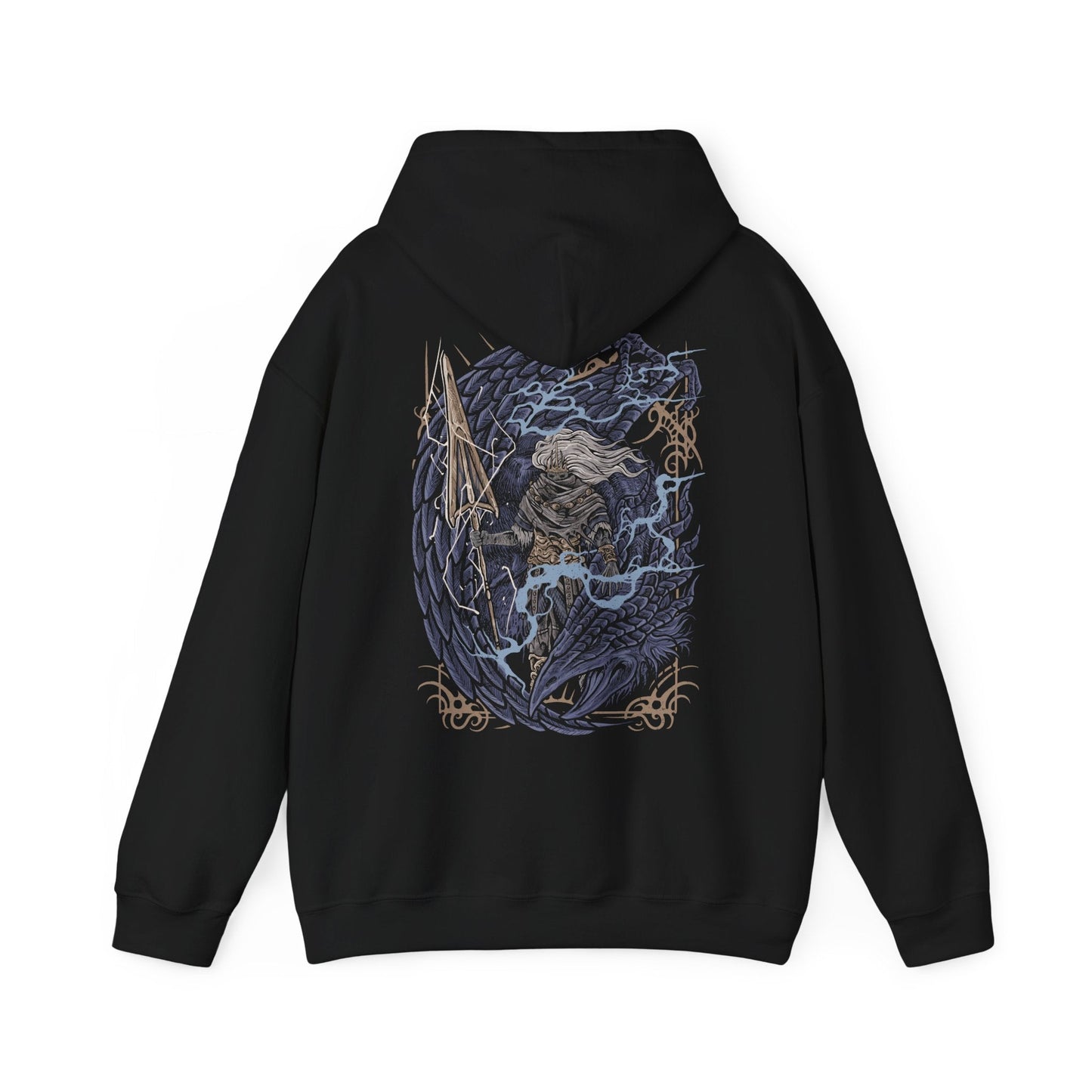 Image 5 of a Hooded Sweatshirt of the Nameless King standing beside the fallen Stormdrake amid roaring thunder and fractured stone. Lightning illuminates his weathered armor and serpent-like spear while storm winds tear across Archdragon Peak. The composition emphasizes sacrifice, power, and the tragic legend of Gwyn’s firstborn who abandoned the gods to stand beside the dragons.