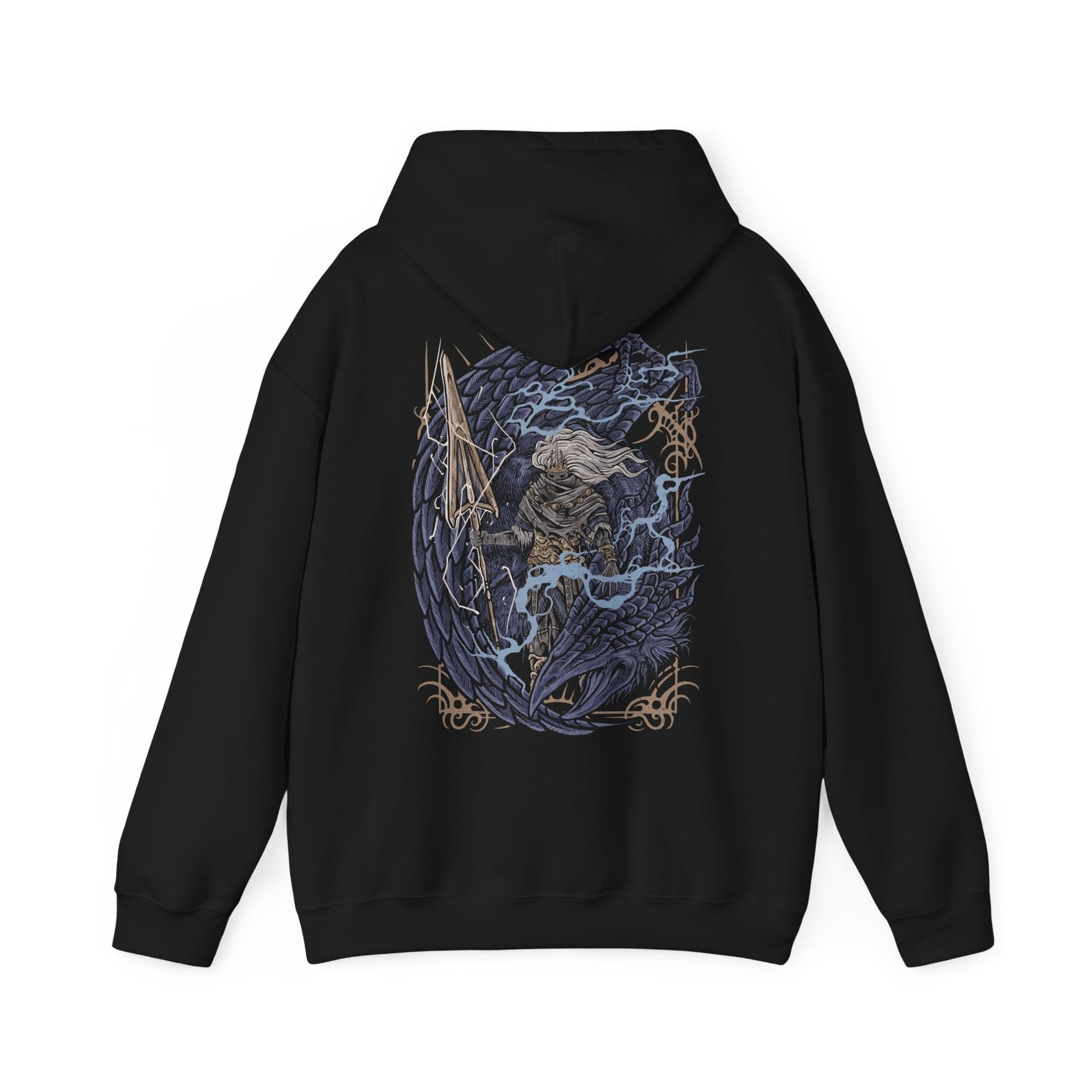 Image 5 of a Hooded Sweatshirt of the Nameless King standing beside the fallen Stormdrake amid roaring thunder and fractured stone. Lightning illuminates his weathered armor and serpent-like spear while storm winds tear across Archdragon Peak. The composition emphasizes sacrifice, power, and the tragic legend of Gwyn’s firstborn who abandoned the gods to stand beside the dragons.