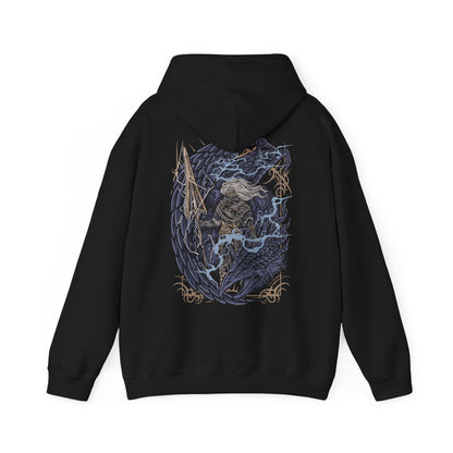 Image 5 of a Hooded Sweatshirt of the Nameless King standing beside the fallen Stormdrake amid roaring thunder and fractured stone. Lightning illuminates his weathered armor and serpent-like spear while storm winds tear across Archdragon Peak. The composition emphasizes sacrifice, power, and the tragic legend of Gwyn’s firstborn who abandoned the gods to stand beside the dragons.