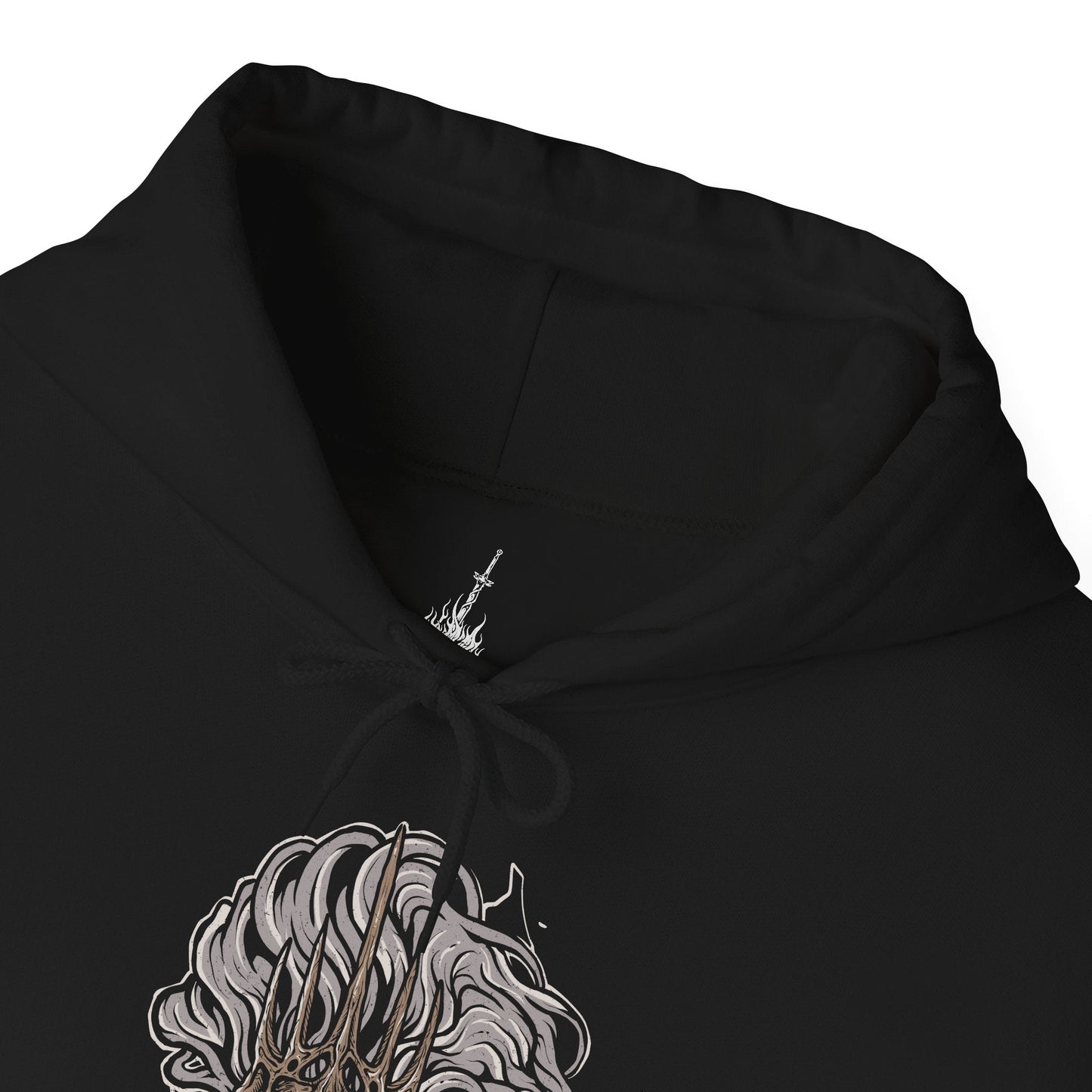 Folded Hooded Sweatshirt of the Nameless King standing beside the fallen Stormdrake amid roaring thunder and fractured stone. Lightning illuminates his weathered armor and serpent-like spear while storm winds tear across Archdragon Peak. The composition emphasizes sacrifice, power, and the tragic legend of Gwyn’s firstborn who abandoned the gods to stand beside the dragons.