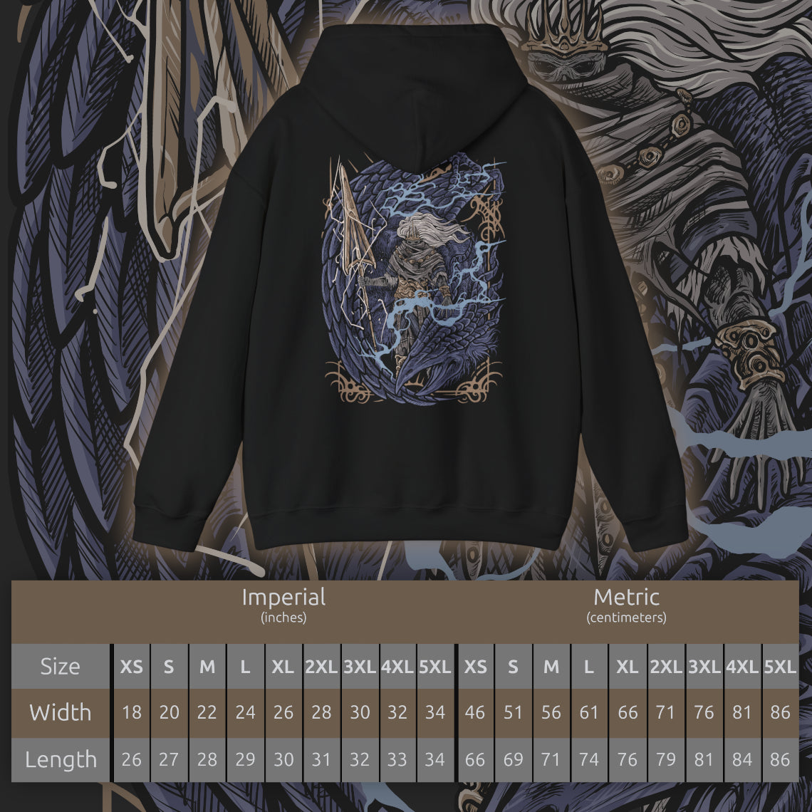 Size chart of a Hooded Sweatshirt of the Nameless King standing beside the fallen Stormdrake amid roaring thunder and fractured stone. Lightning illuminates his weathered armor and serpent-like spear while storm winds tear across Archdragon Peak. The composition emphasizes sacrifice, power, and the tragic legend of Gwyn’s firstborn who abandoned the gods to stand beside the dragons.