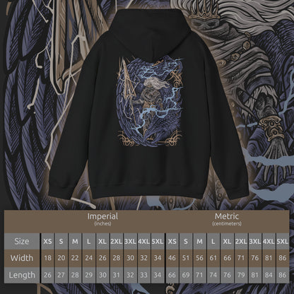Size chart of a Hooded Sweatshirt of the Nameless King standing beside the fallen Stormdrake amid roaring thunder and fractured stone. Lightning illuminates his weathered armor and serpent-like spear while storm winds tear across Archdragon Peak. The composition emphasizes sacrifice, power, and the tragic legend of Gwyn’s firstborn who abandoned the gods to stand beside the dragons.