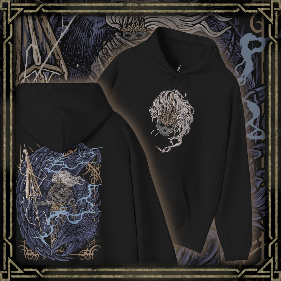 Thumbnail of a Hooded Sweatshirt of the Nameless King standing beside the fallen Stormdrake amid roaring thunder and fractured stone. Lightning illuminates his weathered armor and serpent-like spear while storm winds tear across Archdragon Peak. The composition emphasizes sacrifice, power, and the tragic legend of Gwyn’s firstborn who abandoned the gods to stand beside the dragons.