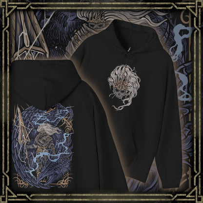 Thumbnail of a Hooded Sweatshirt of the Nameless King standing beside the fallen Stormdrake amid roaring thunder and fractured stone. Lightning illuminates his weathered armor and serpent-like spear while storm winds tear across Archdragon Peak. The composition emphasizes sacrifice, power, and the tragic legend of Gwyn’s firstborn who abandoned the gods to stand beside the dragons.