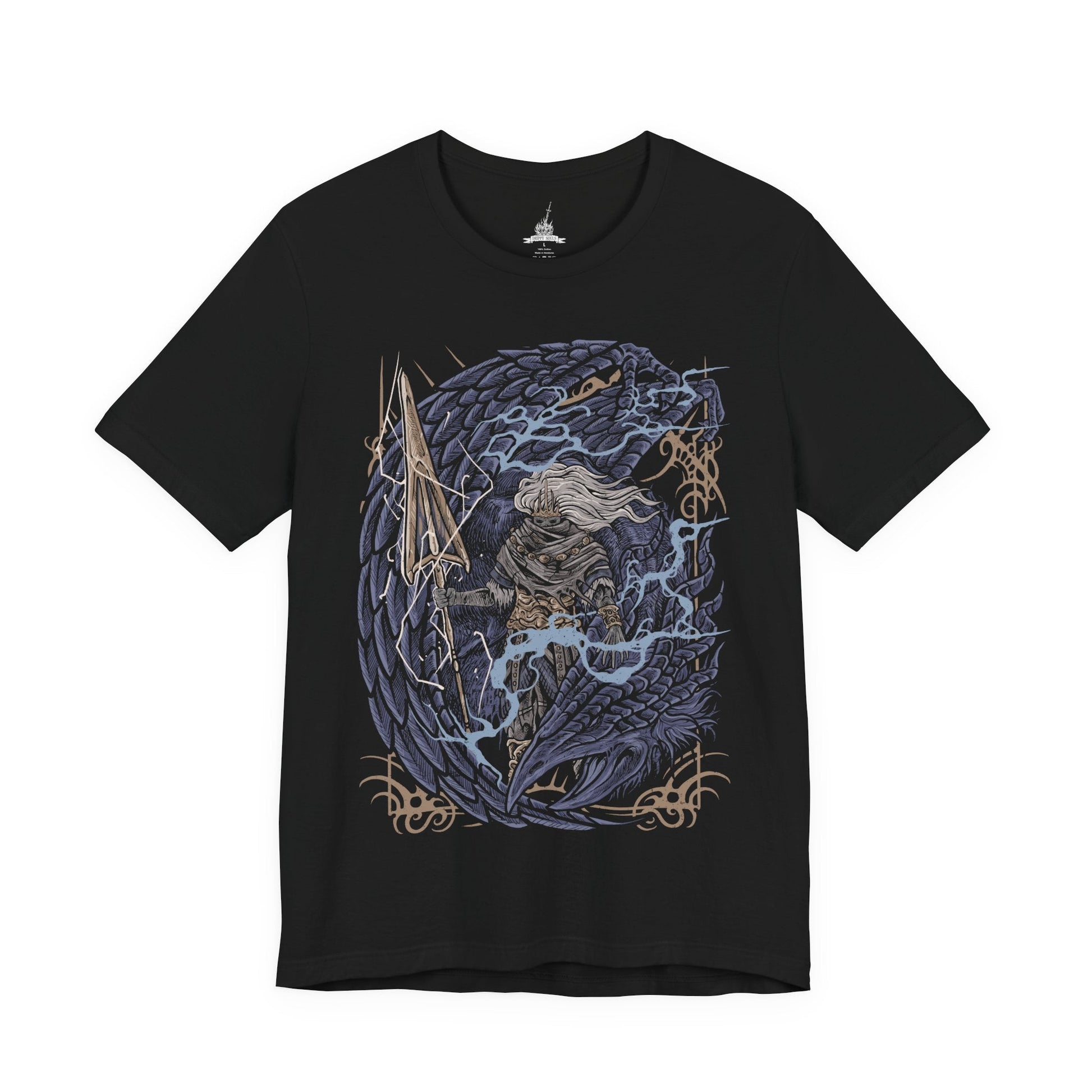 Image 4 of a T-Shirt design of the Nameless King from Dark Souls III riding atop the mighty Stormdrake as lightning tears across a storm-dark sky. His golden spear crackles with divine energy while the ancient wyvern roars above shattered clouds. The design captures the fallen god of war, his bond with the king of storms, and the legendary battle hidden beyond Archdragon Peak.