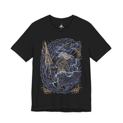 Image 4 of a T-Shirt design of the Nameless King from Dark Souls III riding atop the mighty Stormdrake as lightning tears across a storm-dark sky. His golden spear crackles with divine energy while the ancient wyvern roars above shattered clouds. The design captures the fallen god of war, his bond with the king of storms, and the legendary battle hidden beyond Archdragon Peak.