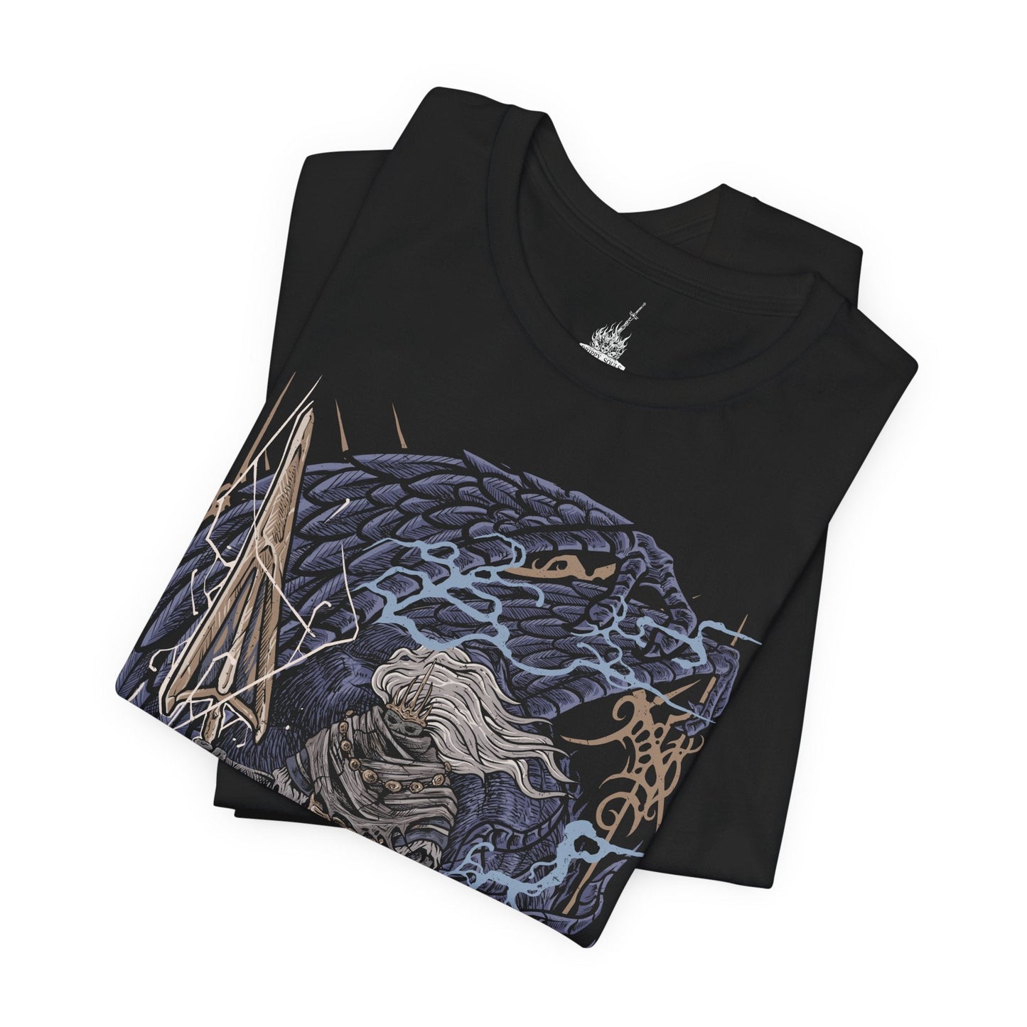 Image 5 of a T-Shirt design of the Nameless King from Dark Souls III riding atop the mighty Stormdrake as lightning tears across a storm-dark sky. His golden spear crackles with divine energy while the ancient wyvern roars above shattered clouds. The design captures the fallen god of war, his bond with the king of storms, and the legendary battle hidden beyond Archdragon Peak.