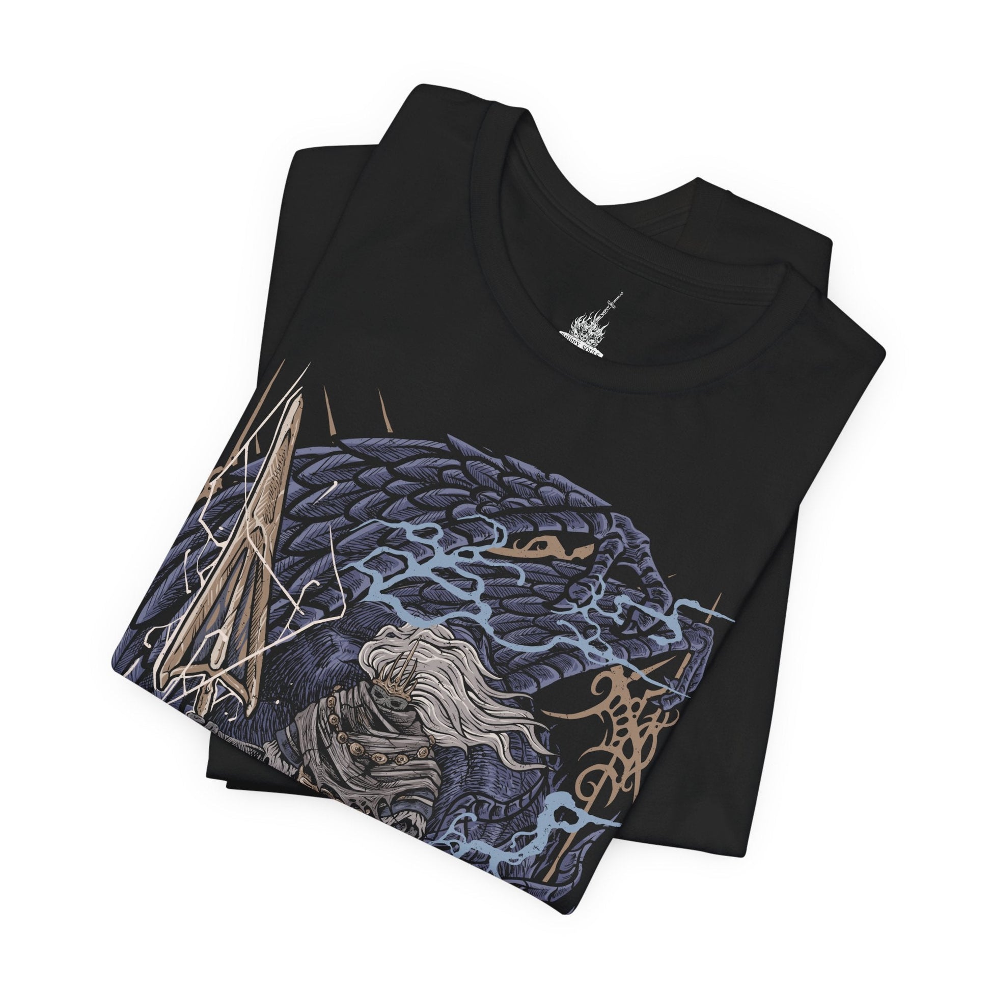 Image 5 of a T-Shirt design of the Nameless King from Dark Souls III riding atop the mighty Stormdrake as lightning tears across a storm-dark sky. His golden spear crackles with divine energy while the ancient wyvern roars above shattered clouds. The design captures the fallen god of war, his bond with the king of storms, and the legendary battle hidden beyond Archdragon Peak.