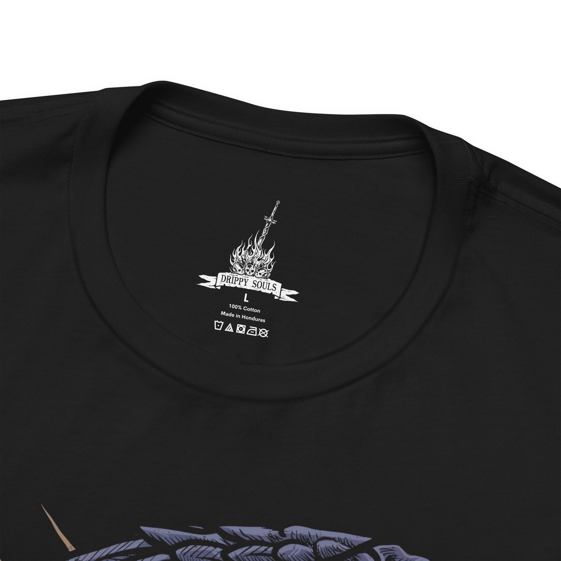 Folded T-Shirt design of the Nameless King from Dark Souls III riding atop the mighty Stormdrake as lightning tears across a storm-dark sky. His golden spear crackles with divine energy while the ancient wyvern roars above shattered clouds. The design captures the fallen god of war, his bond with the king of storms, and the legendary battle hidden beyond Archdragon Peak.