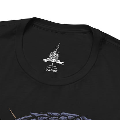 Folded T-Shirt design of the Nameless King from Dark Souls III riding atop the mighty Stormdrake as lightning tears across a storm-dark sky. His golden spear crackles with divine energy while the ancient wyvern roars above shattered clouds. The design captures the fallen god of war, his bond with the king of storms, and the legendary battle hidden beyond Archdragon Peak.