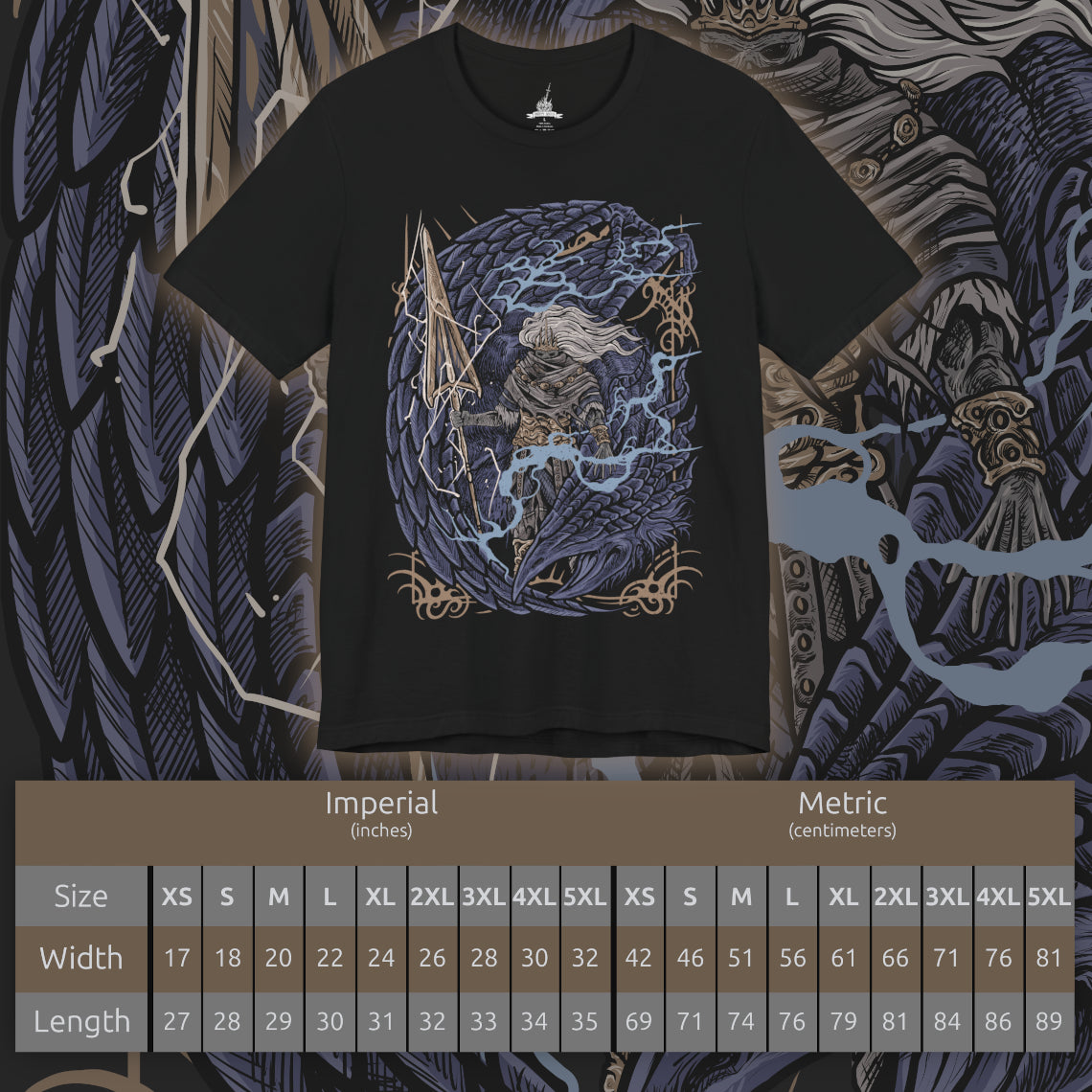 Size chart of a T-Shirt design of the Nameless King from Dark Souls III riding atop the mighty Stormdrake as lightning tears across a storm-dark sky. His golden spear crackles with divine energy while the ancient wyvern roars above shattered clouds. The design captures the fallen god of war, his bond with the king of storms, and the legendary battle hidden beyond Archdragon Peak.