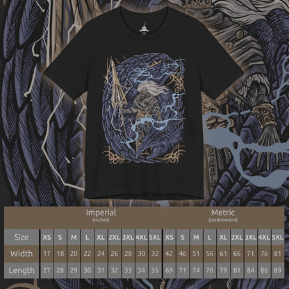 Size chart of a T-Shirt design of the Nameless King from Dark Souls III riding atop the mighty Stormdrake as lightning tears across a storm-dark sky. His golden spear crackles with divine energy while the ancient wyvern roars above shattered clouds. The design captures the fallen god of war, his bond with the king of storms, and the legendary battle hidden beyond Archdragon Peak.