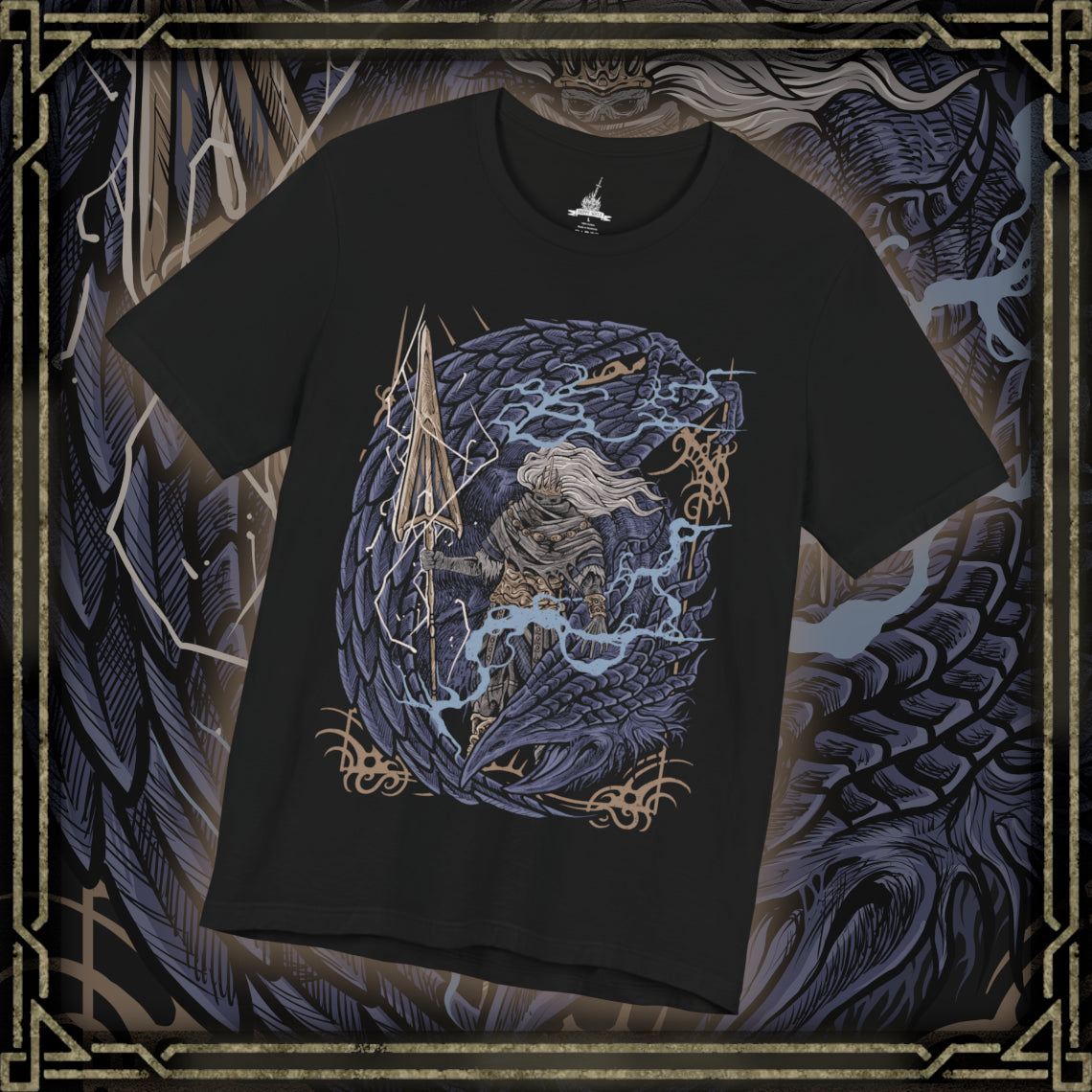 Thumbnail of a T-Shirt design of the Nameless King from Dark Souls III riding atop the mighty Stormdrake as lightning tears across a storm-dark sky. His golden spear crackles with divine energy while the ancient wyvern roars above shattered clouds. The design captures the fallen god of war, his bond with the king of storms, and the legendary battle hidden beyond Archdragon Peak.