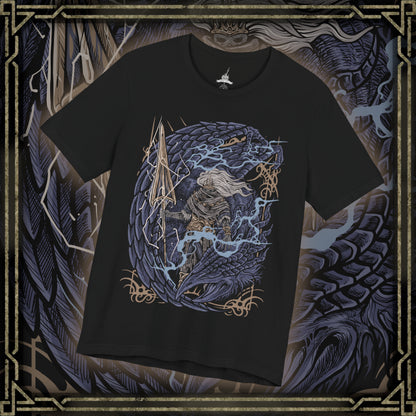 Thumbnail of a T-Shirt design of the Nameless King from Dark Souls III riding atop the mighty Stormdrake as lightning tears across a storm-dark sky. His golden spear crackles with divine energy while the ancient wyvern roars above shattered clouds. The design captures the fallen god of war, his bond with the king of storms, and the legendary battle hidden beyond Archdragon Peak.