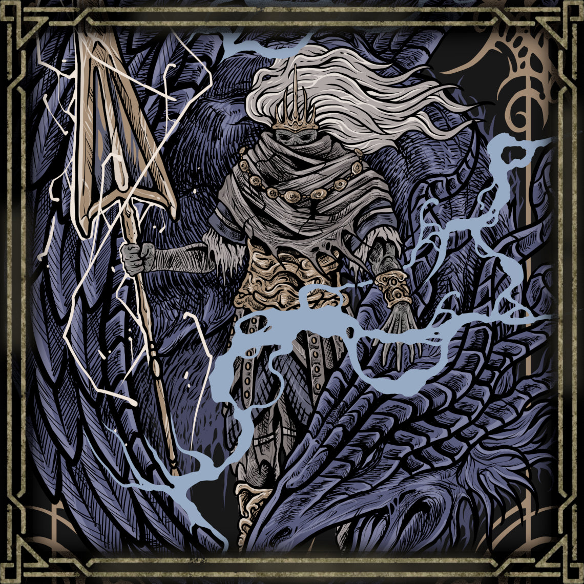 Wallpaper of Nameless King and Stormdrake. Once believed to be the firstborn son of Gwyn, the Nameless King was erased from history after siding with the everlasting dragons. Hidden among the storm-covered peaks of Archdragon Peak, he became a master of dragon warfare and lightning. His battle symbolizes betrayal, forgotten legacy, and the fading age of gods.