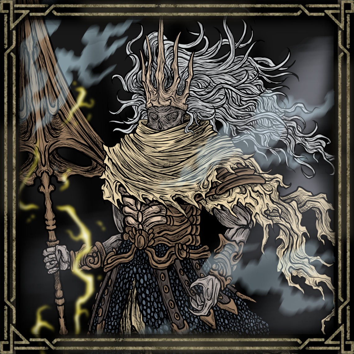 Concept Art of Nameless King Grim. In Dark Souls, the Nameless King is a forgotten deity, cast out for siding with the ancient dragons. Now ruling the skies from Archdragon Peak, he wields storm and lightning as remnants of his godhood. His silence and power echo the game’s deepest lore—where betrayal, legacy, and power clash in divine rebellion.