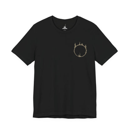 Image 4 of a T-shirt featuring the Nameless King from Dark Souls III, the forgotten god of war and firstborn of Gwyn, who chose dragons over the gods. Mounted on the storm-summoning King of the Storm, he descends from the skies wreathed in thunder. This design captures his divine wrath and mythic presence above Archdragon Peak.