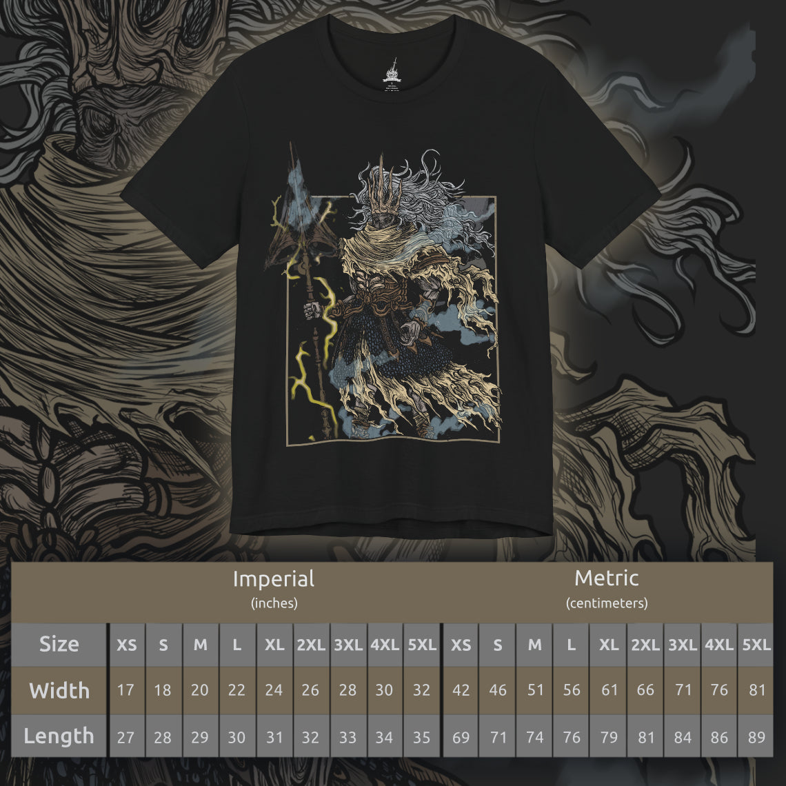 Size chart of a T-shirt featuring the Nameless King from Dark Souls III, the forgotten god of war and firstborn of Gwyn, who chose dragons over the gods. Mounted on the storm-summoning King of the Storm, he descends from the skies wreathed in thunder. This design captures his divine wrath and mythic presence above Archdragon Peak.