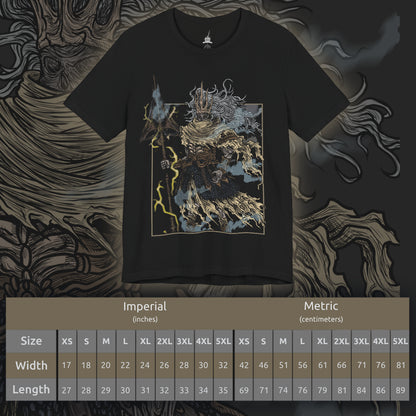 Size chart of a T-shirt featuring the Nameless King from Dark Souls III, the forgotten god of war and firstborn of Gwyn, who chose dragons over the gods. Mounted on the storm-summoning King of the Storm, he descends from the skies wreathed in thunder. This design captures his divine wrath and mythic presence above Archdragon Peak.