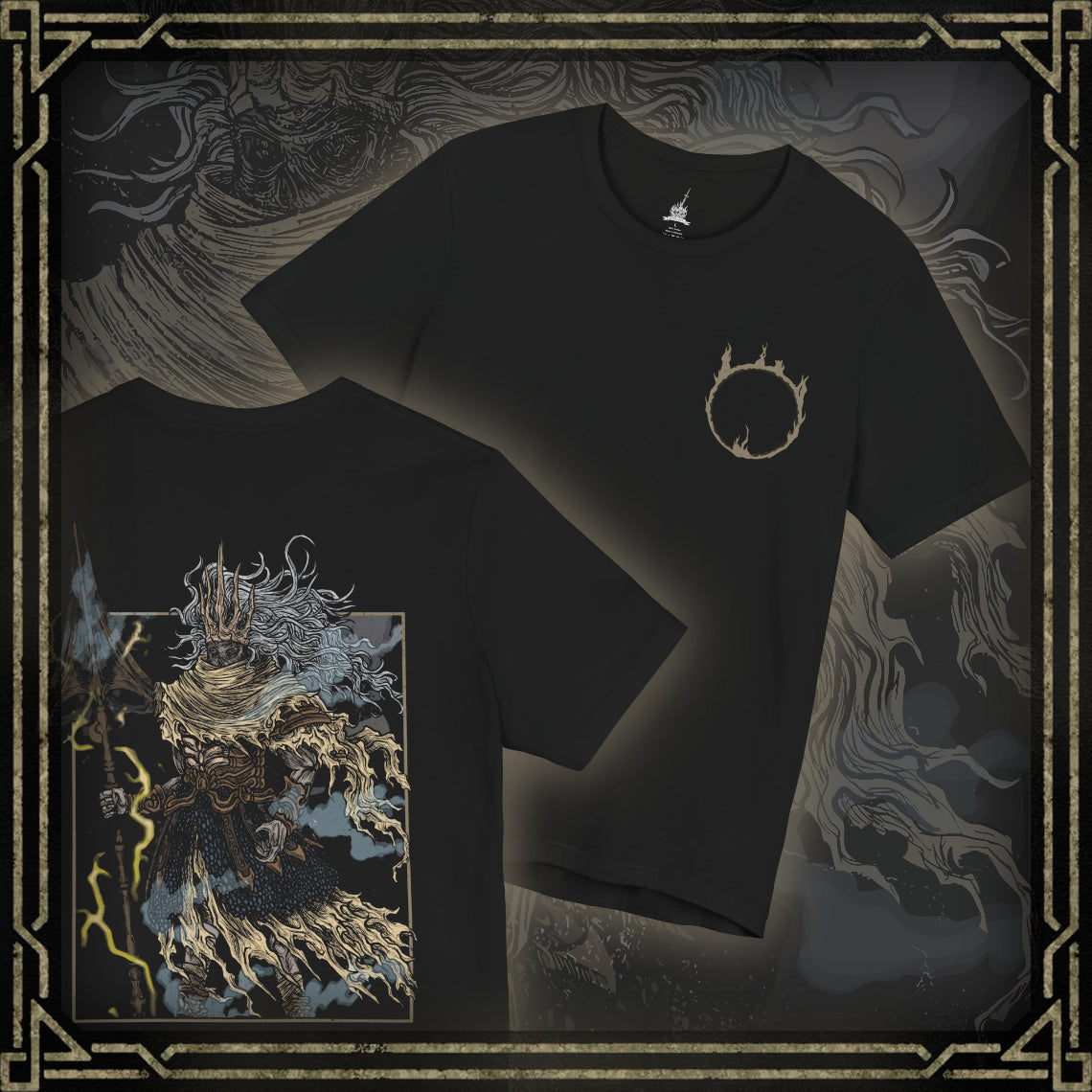 Thumbnail of a T-shirt featuring the Nameless King from Dark Souls III, the forgotten god of war and firstborn of Gwyn, who chose dragons over the gods. Mounted on the storm-summoning King of the Storm, he descends from the skies wreathed in thunder. This design captures his divine wrath and mythic presence above Archdragon Peak.