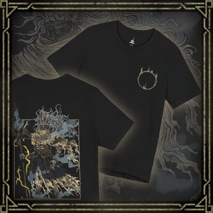 Thumbnail of a T-shirt featuring the Nameless King from Dark Souls III, the forgotten god of war and firstborn of Gwyn, who chose dragons over the gods. Mounted on the storm-summoning King of the Storm, he descends from the skies wreathed in thunder. This design captures his divine wrath and mythic presence above Archdragon Peak.