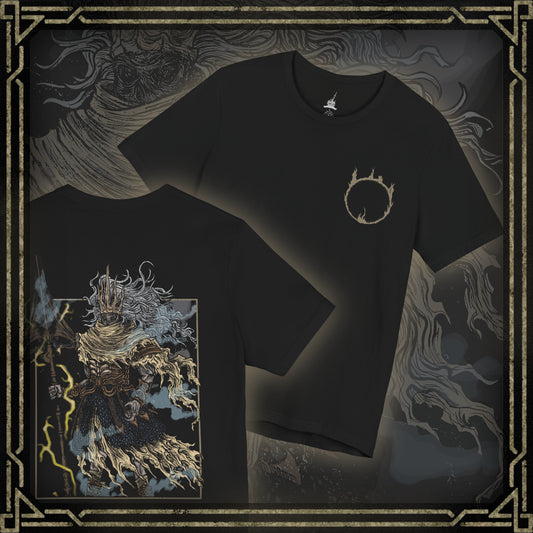 Thumbnail of a T-shirt featuring the Nameless King from Dark Souls III, the forgotten god of war and firstborn of Gwyn, who chose dragons over the gods. Mounted on the storm-summoning King of the Storm, he descends from the skies wreathed in thunder. This design captures his divine wrath and mythic presence above Archdragon Peak.