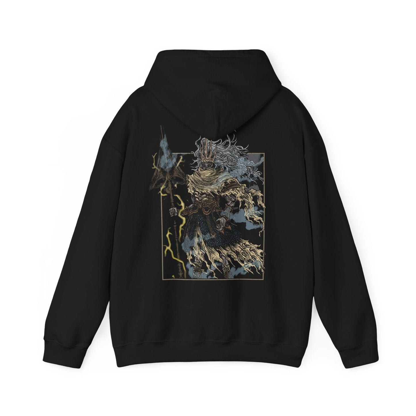 Image 5 of a Hooded Sweatshirt showcasing the Nameless King from Dark Souls, a towering figure wreathed in lightning and myth. Once Gwyn’s heir, he severed ties with his kin to follow the path of dragons, earning exile and erasure from history. This design highlights his flowing golden mane, ornate armor, and mastery of the storm—embodying one of the game’s most challenging and awe-inspiring boss fights.