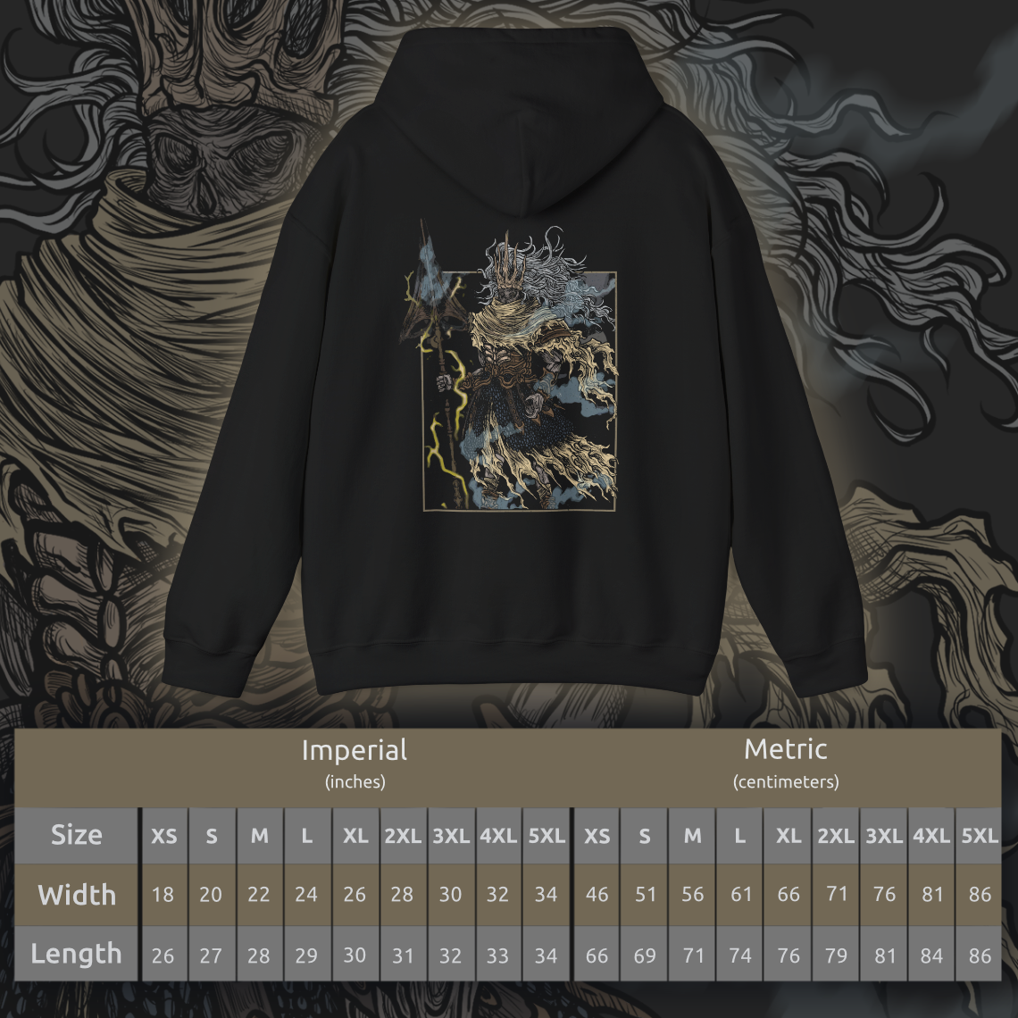 Size chart of a Hooded Sweatshirt showcasing the Nameless King from Dark Souls, a towering figure wreathed in lightning and myth. Once Gwyn’s heir, he severed ties with his kin to follow the path of dragons, earning exile and erasure from history. This design highlights his flowing golden mane, ornate armor, and mastery of the storm—embodying one of the game’s most challenging and awe-inspiring boss fights.